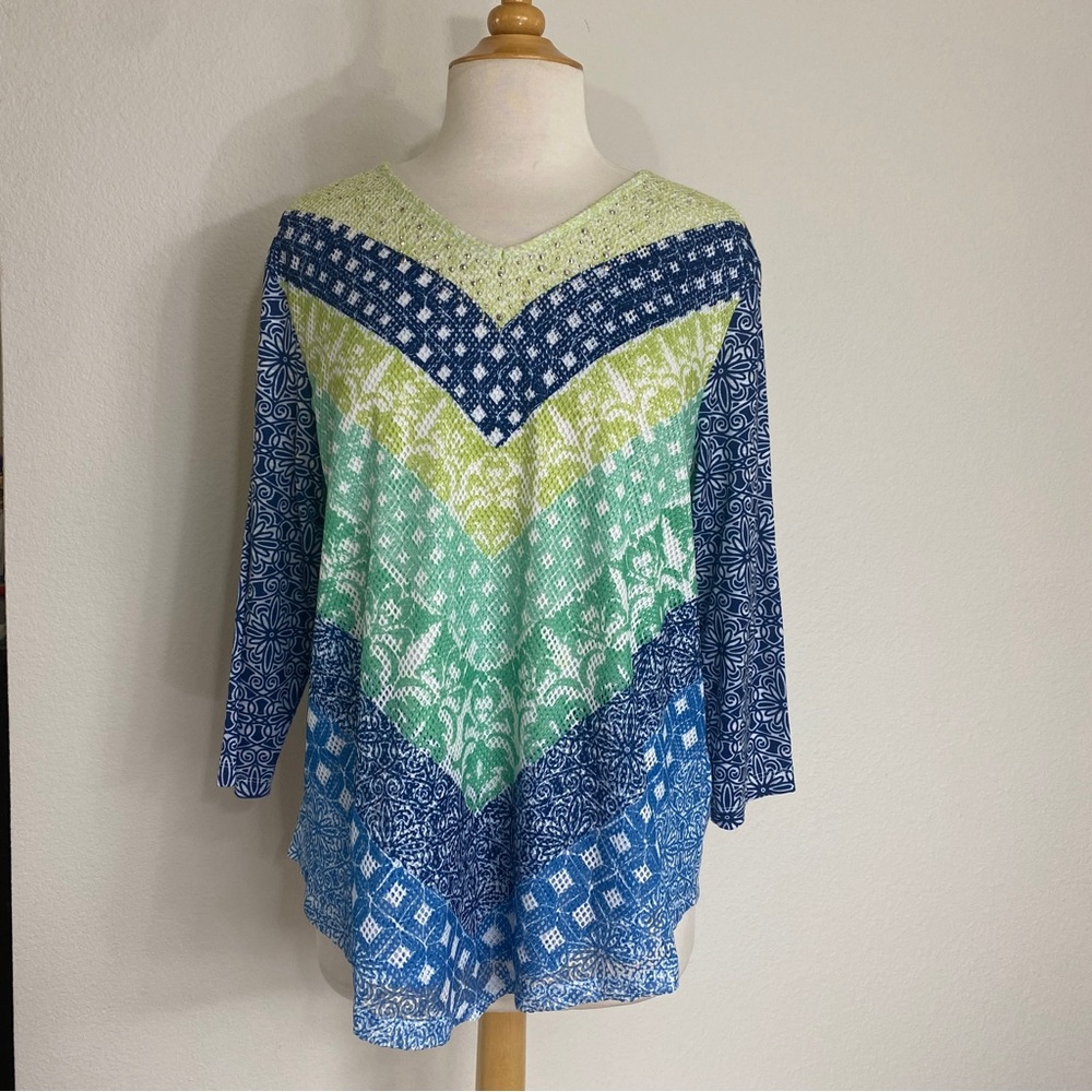 Alfred Dunner Women's Blue Teal Perforated Bohemian Aztec Tunic Size Large Girly